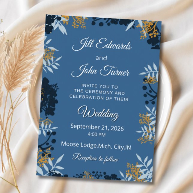 Invitación de boda botánica elegante azul (Subido por el creador)