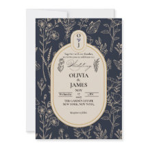 Invitación de boda botánica elegante azul marino y