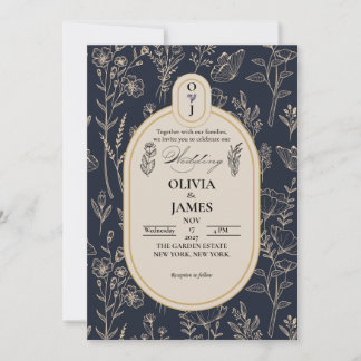 Invitación de boda botánica elegante azul marino y