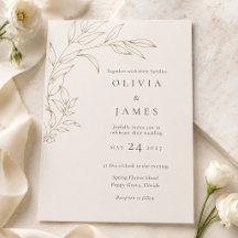 Invitación de boda botánica en marfil y oro antigu
