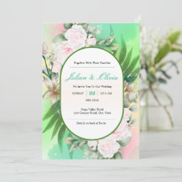 Invitación de boda botánica en verde menta y rosa