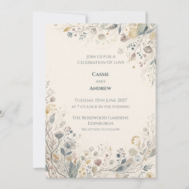 Invitación de boda botánica floral azul (Anverso)