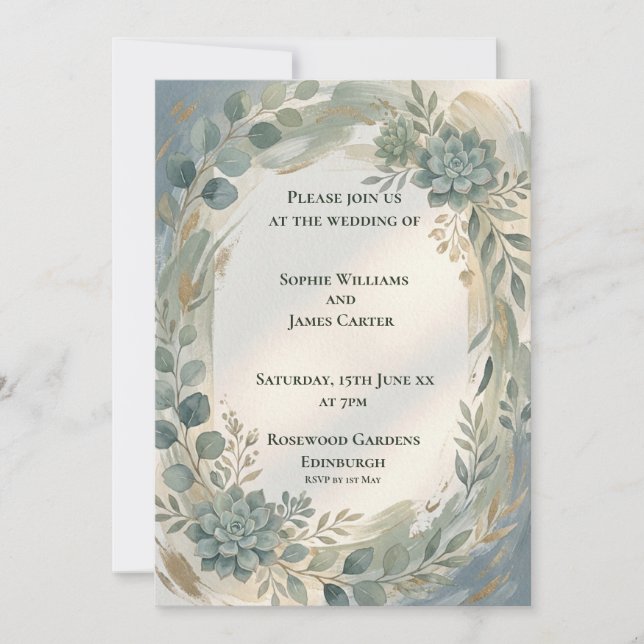Invitación de boda botánica floral azul (Anverso)