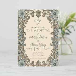 Invitación de boda botánica floral azul elegante