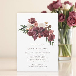 Invitación de boda botánica floral borgoña elegant