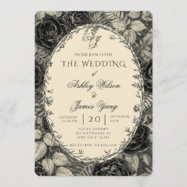 Invitación de Boda Botánica Floral Negra Elegante