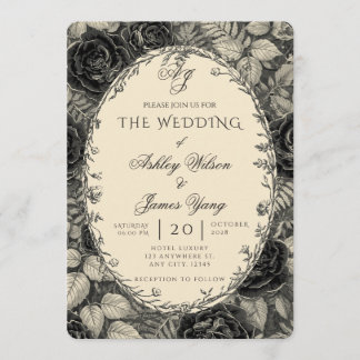 Invitación de Boda Botánica Floral Negra Elegante