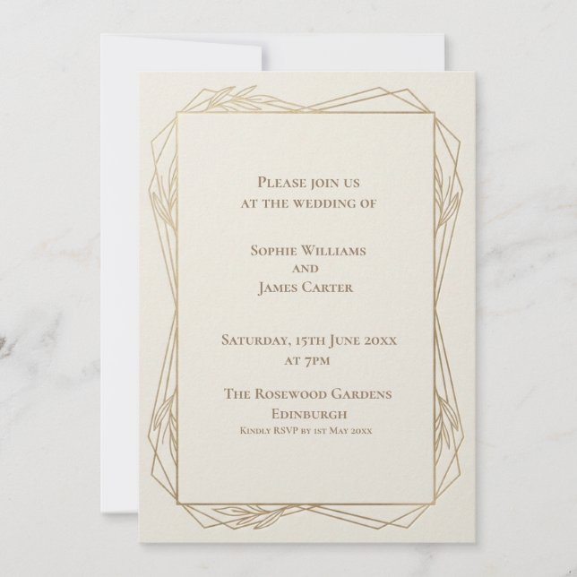 Invitación de boda botánica geométrica dorada (Anverso)