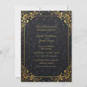 Invitación de boda botánica Glamour de oro negro