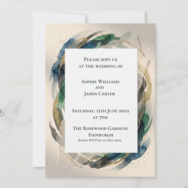 Invitación de boda botánica gris azul (Anverso)