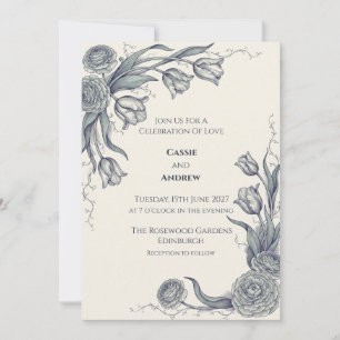 Invitación de boda botánica gris azul