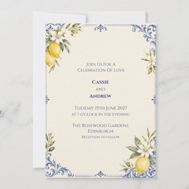 Invitación de boda botánica Limón Azul (Anverso)