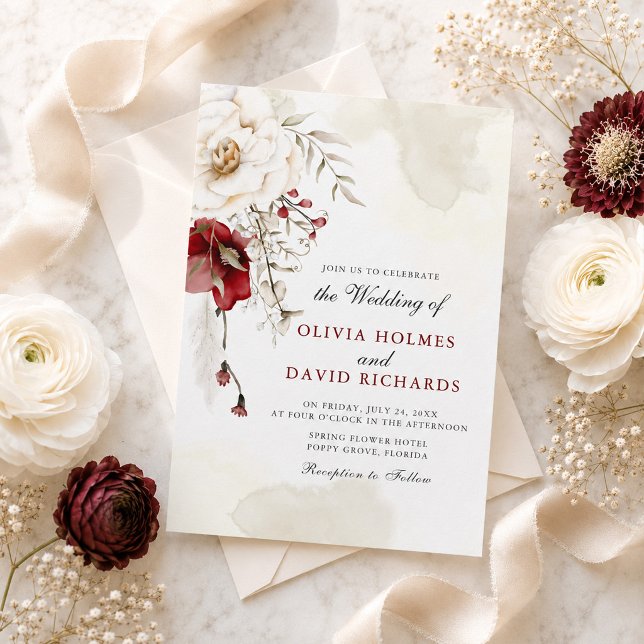 Invitación de boda botánica marfil borgoña (Burgundy Ivory Botanical Wedding Invitation)