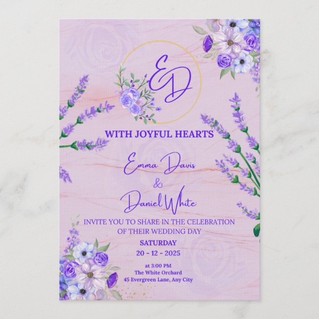 Invitación de boda botánica morada elegante (Anverso)