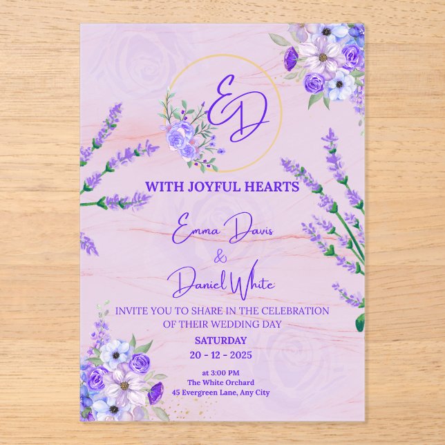 Invitación de boda botánica morada elegante (Anverso)