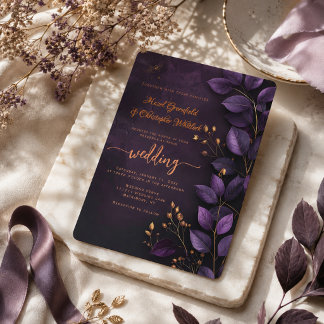 Invitación de boda botánica morada elegante