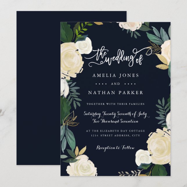 Invitación de boda botánica naval moderna (Anverso / Reverso)