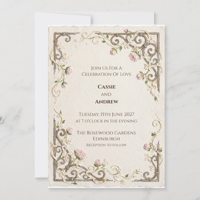 Invitación de boda botánica ornamentada vintage (Anverso)