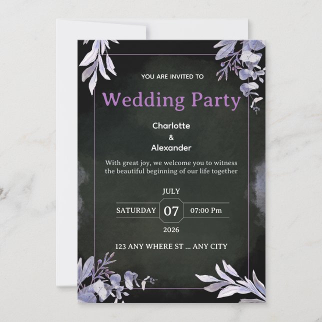 Invitación de boda botánica oscura editable (Anverso)