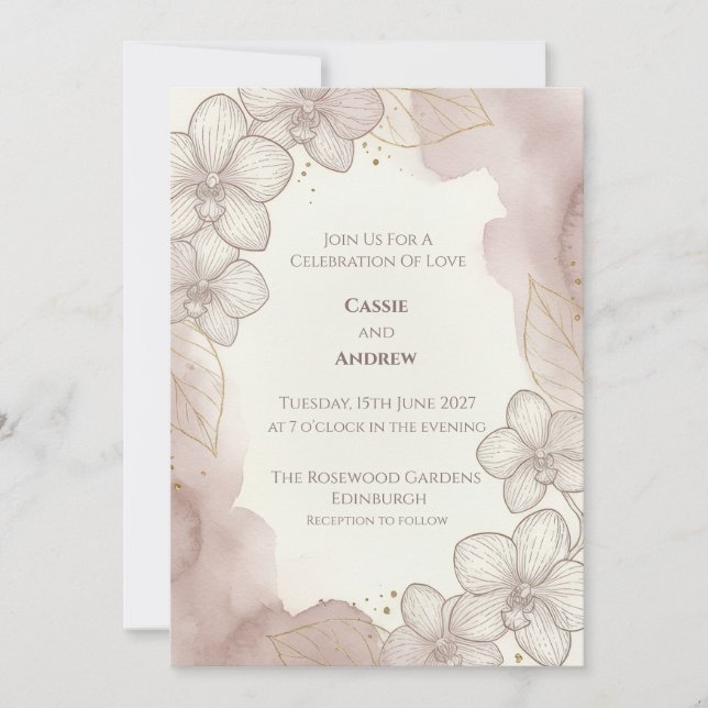 Invitación de boda botánica rosa rubor (Anverso)