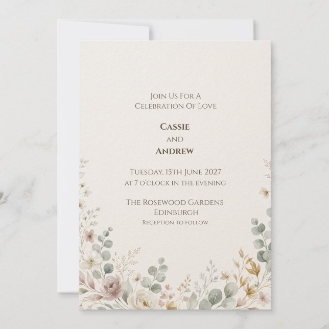 Invitación de boda botánica rosa suave (Anverso)