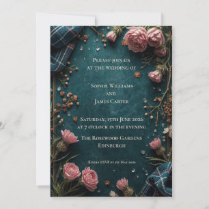 Invitación de boda botánica Rosa Tartán Teal