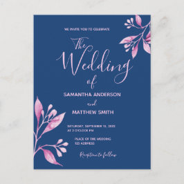 Invitación de boda botánica rosa y azul
