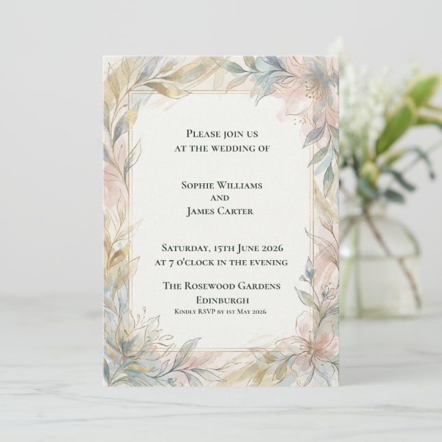Invitación de boda botánica Sage Blush (Anverso de pie)