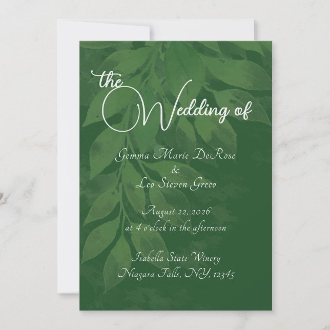 Invitación de boda botánica verde (Anverso)