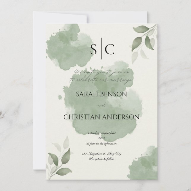 Invitación de boda botánica verde minimalista (Anverso)