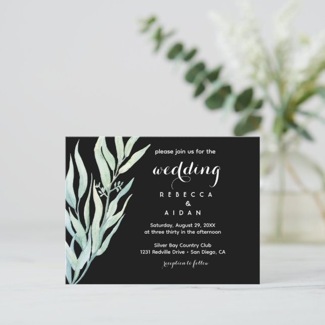 Invitación de boda botánica verde negra (Anverso de pie)