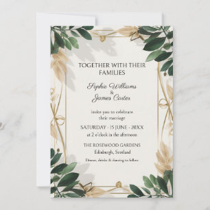 Invitación de boda botánica verde oscuro marfil