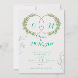 Invitación de boda botánica verde y blanca