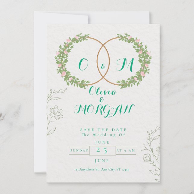 Invitación de boda botánica verde y blanca (Anverso)