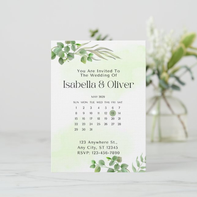 Invitación de boda botánica verde y blanca (Anverso de pie)
