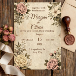 Invitación de boda botánica vintage | Sepia antigu