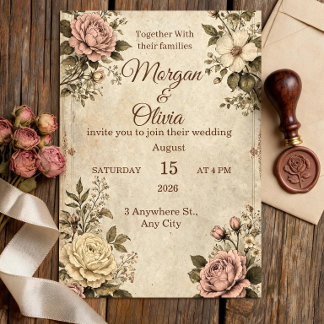 Invitación de boda botánica vintage | Sepia antigu