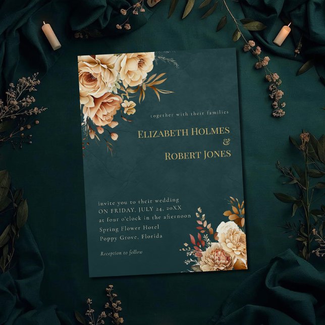 Invitación de boda bruja del bosque de verano en a (Summer Forest Witch Teal Wedding Invitation on a dark teal witchy wedding table with botanicals)