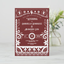 Invitación de boda burdeos y blanca de Papel Picad