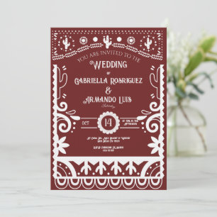 Invitación de boda burdeos y blanca de Papel Picad