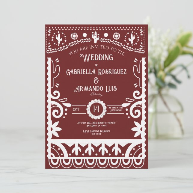Invitación de boda burdeos y blanca de Papel Picad (Anverso de pie)