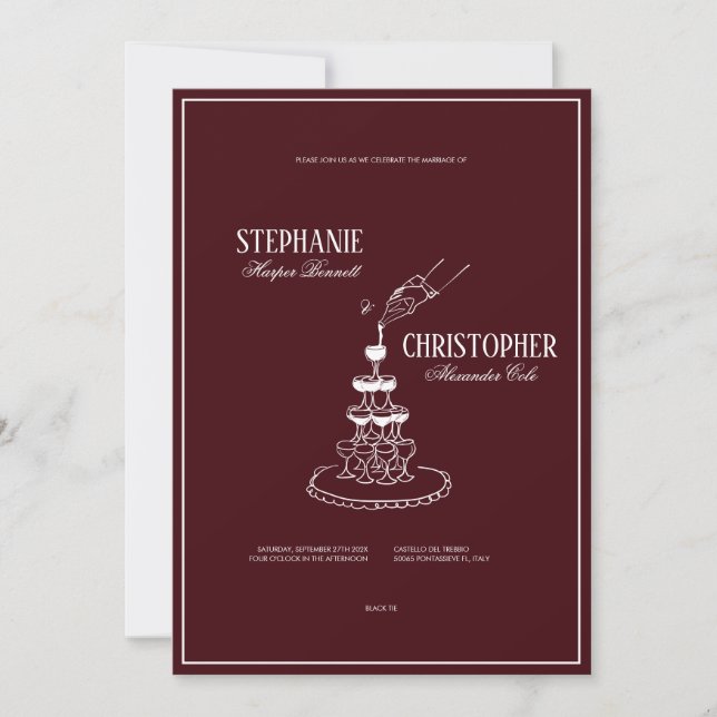 Invitación de boda burgundy retro moderna (Anverso)