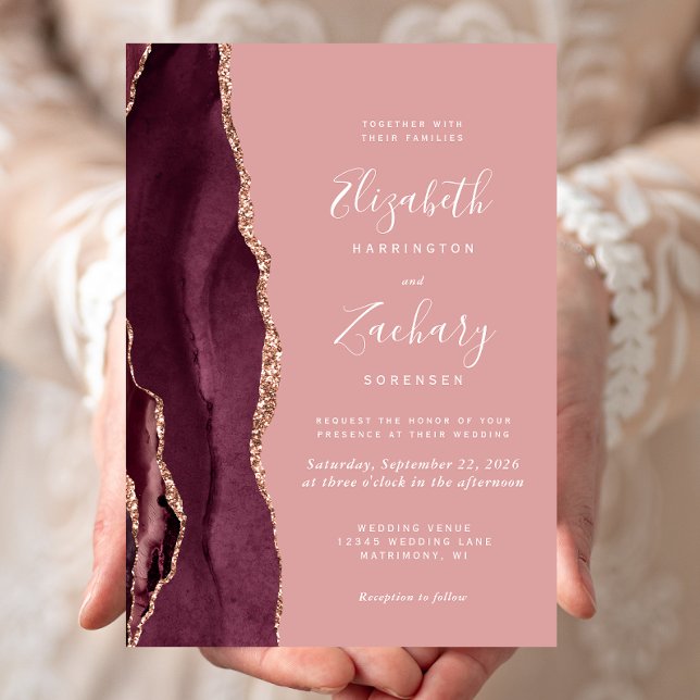 Invitación de boda Burgundy Rose Gold Agate Dusty  (Subido por el creador)