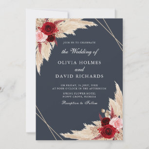 Invitación de Boda Burgundy y Azul Oscuro Polvorie