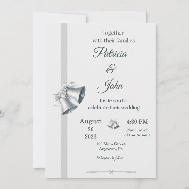 Invitación de boda Campanas de boda de plata azul (Anverso)
