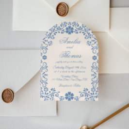 Invitación de boda caprichosa azul polvo de marfil