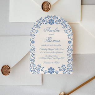 Invitación de boda caprichosa azul polvo de marfil