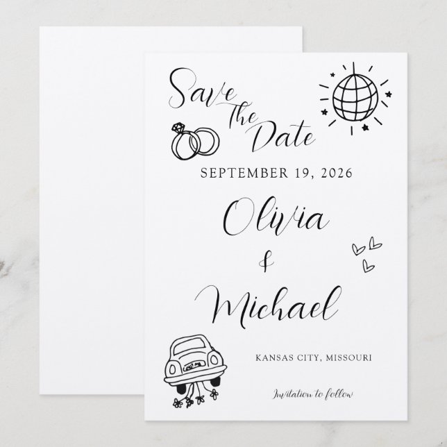 Invitación de Boda Caprichosa con Iconos Divertido (Anverso / Reverso)