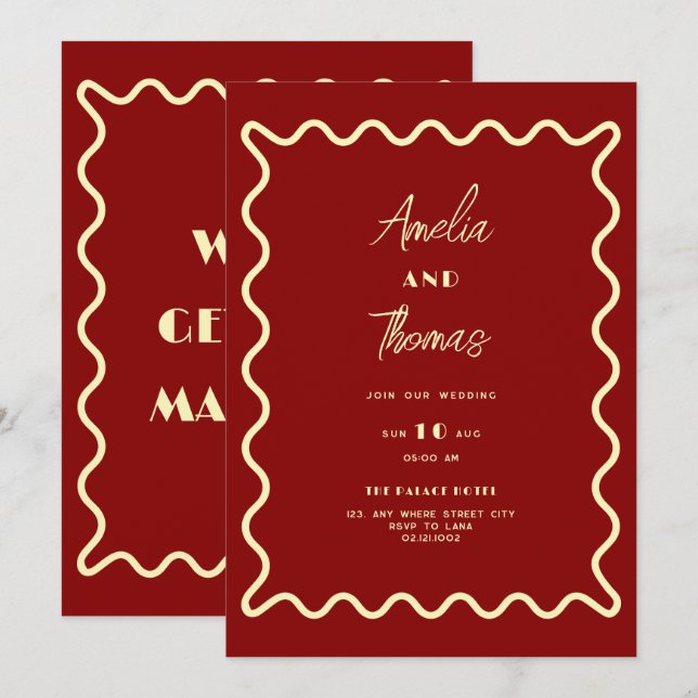 invitación de boda caprichosa retro con garabatos  (Anverso / Reverso)