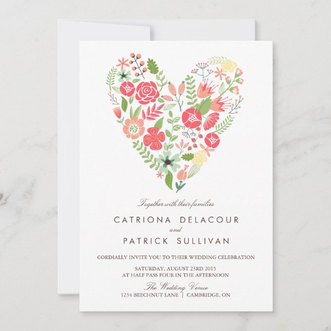 INVITACIÓN DE BODA CARDÍACA FLORAL DE PRIMAVERA BL (Anverso)